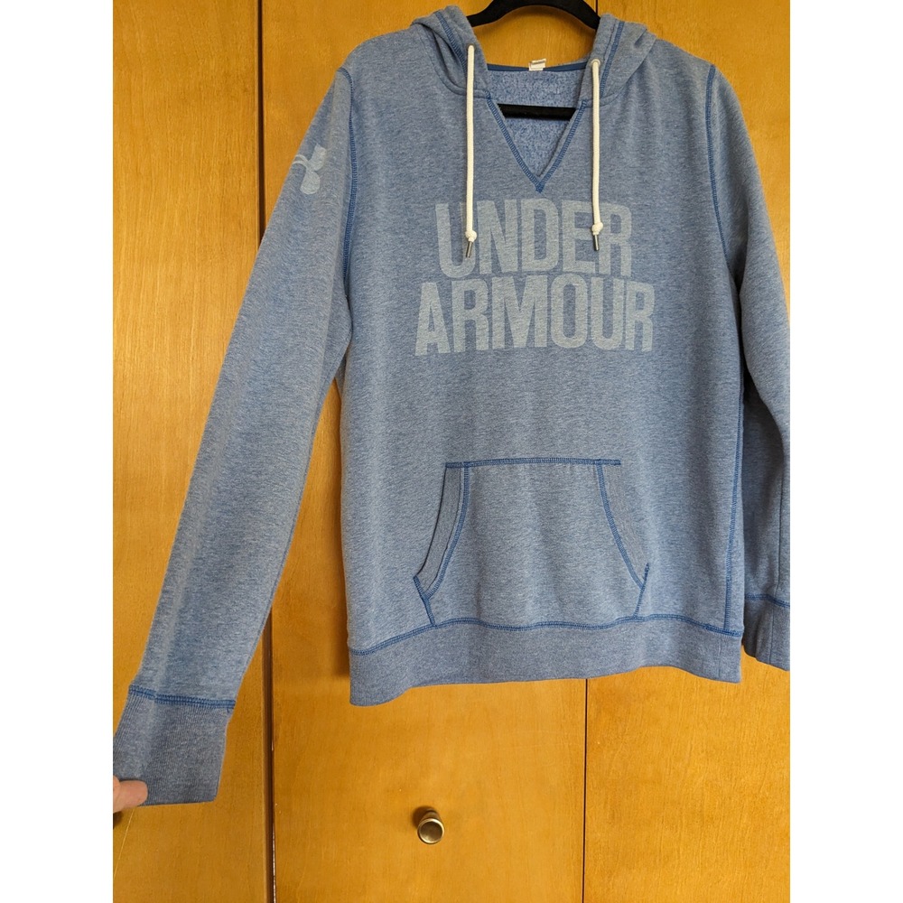 Under Armour Womens Blue Heathered V-Neck Logo Hoodie Sweatshirt Large Loose Fit